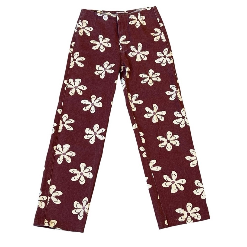 VRG Girl Floral Denim pants in burgundy